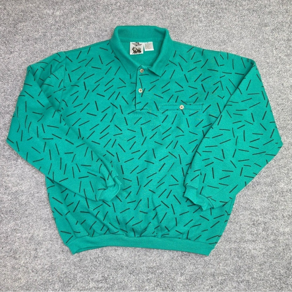 Vintage 80s Introspect Green Aqua Long Sleeve Polo Sweater Size Large Retro Cool